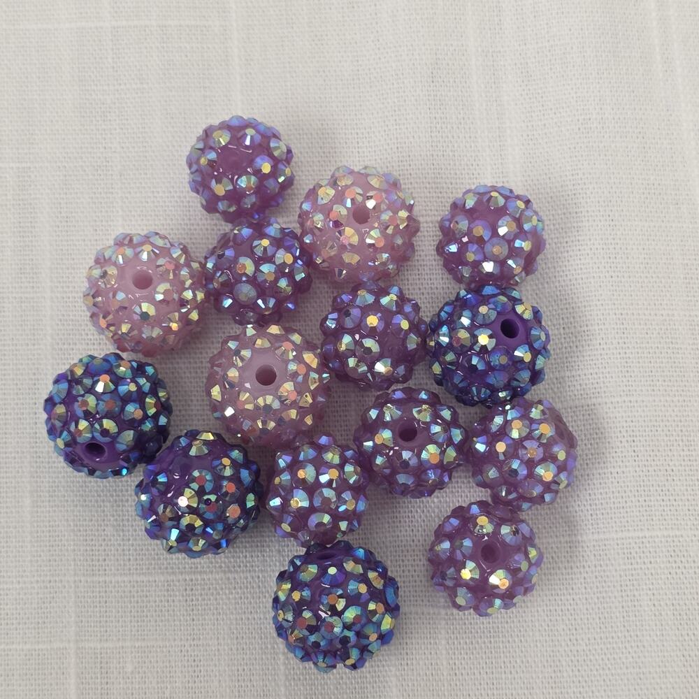 Purple Pink AB Rhinestone Pave Resin Round Beads Jewelry Making Lot of 14